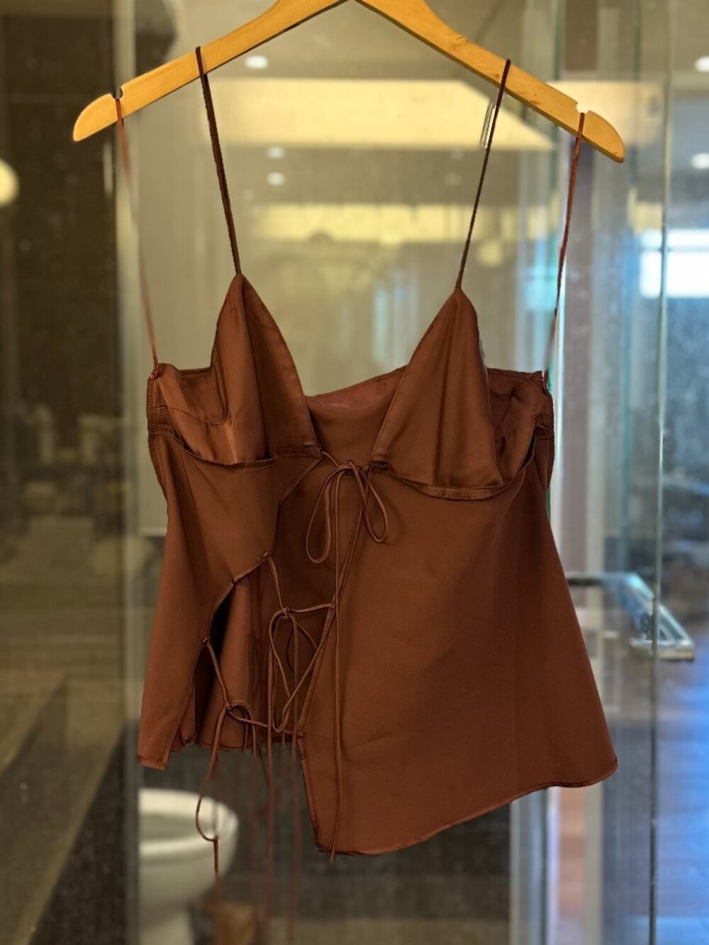 LIONESS Mariah Satin-Feel Asymmetric Cut-Out Tie-Front Cami Top (Garnet Brown) - Picture 10 of 16